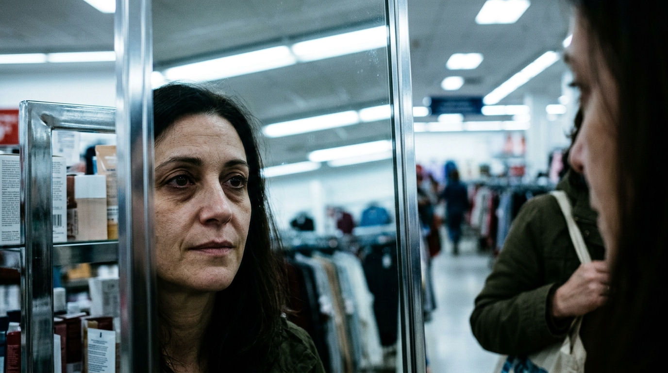 woman seeing tired reflection in department store mirror fluorescent lighting
