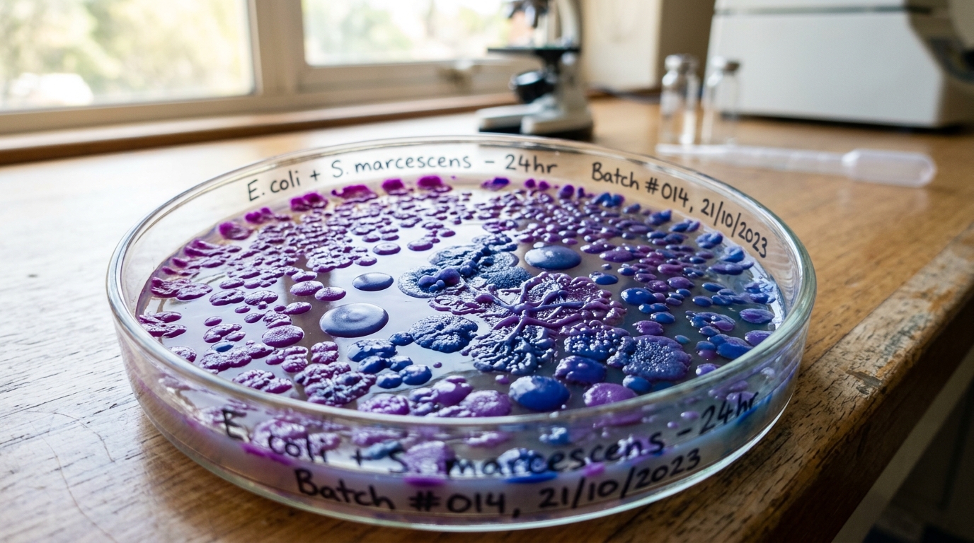 colorful bacterial cultures in laboratory petri dish macro photography