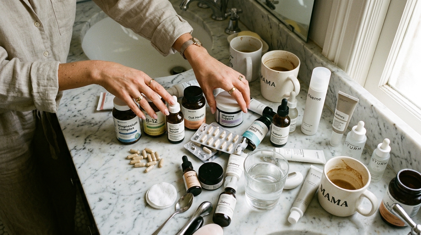 scattered skincare products supplements on marble counter womans hands reaching