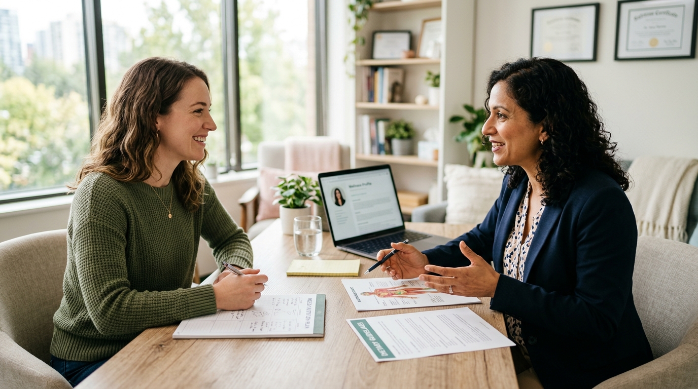 woman consulting with nutritionist in bright office natural conversation