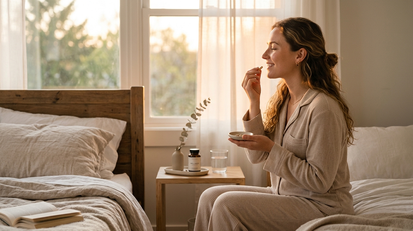 woman taking supplement morning routine sunrise light peaceful expression