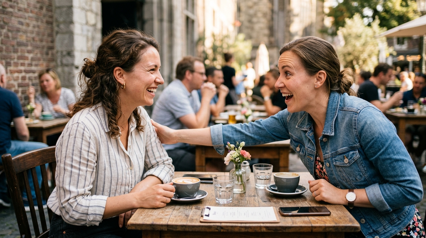 woman at cafe friend reaching across table surprised delight natural afternoon light