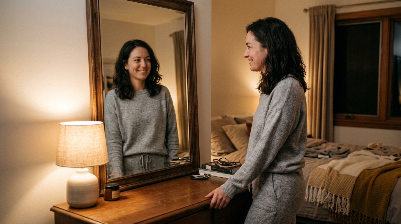 woman smiling at reflection bedroom mirror warm evening light peaceful confidence