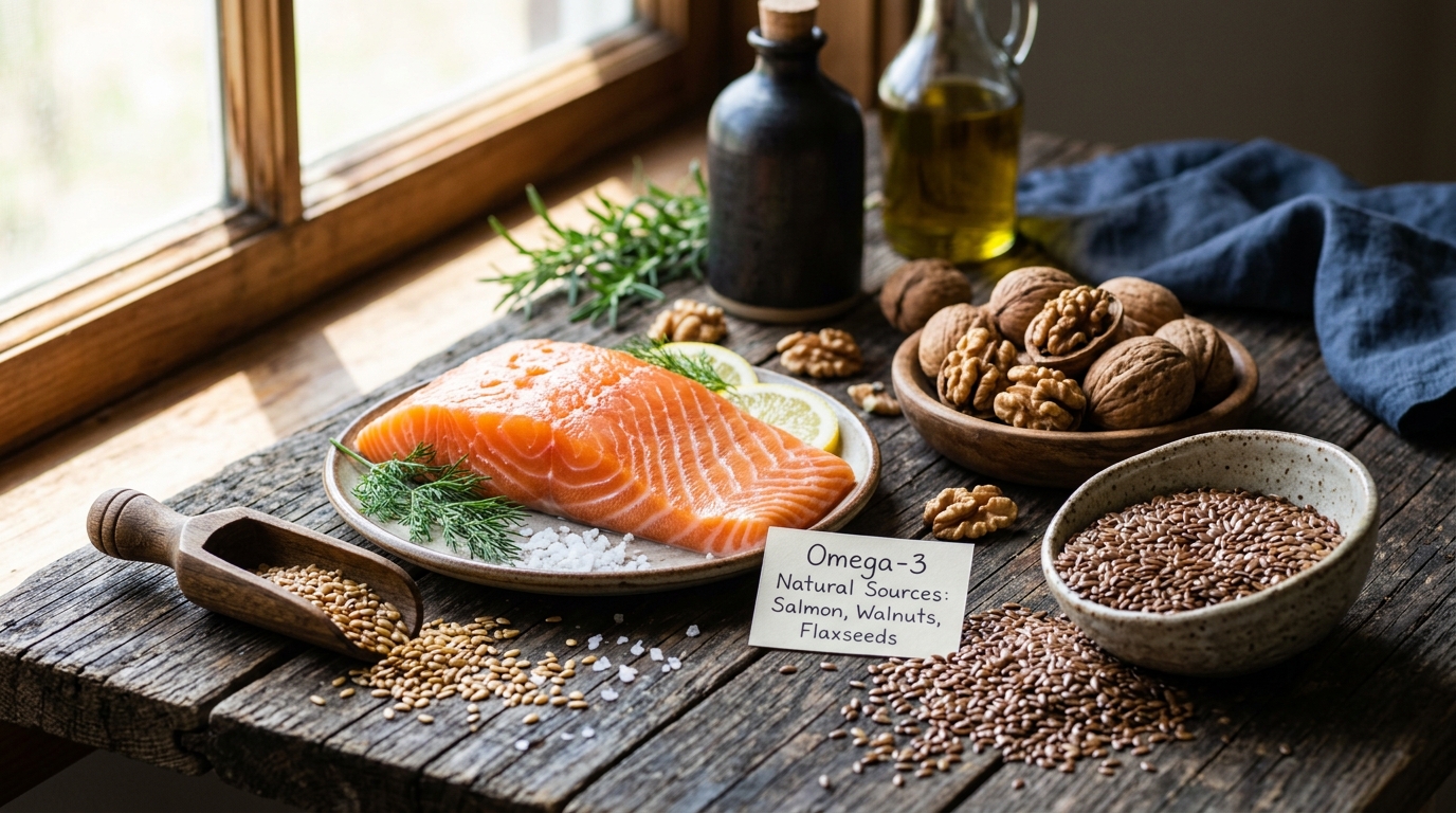 omega-3 rich foods on natural wood surface