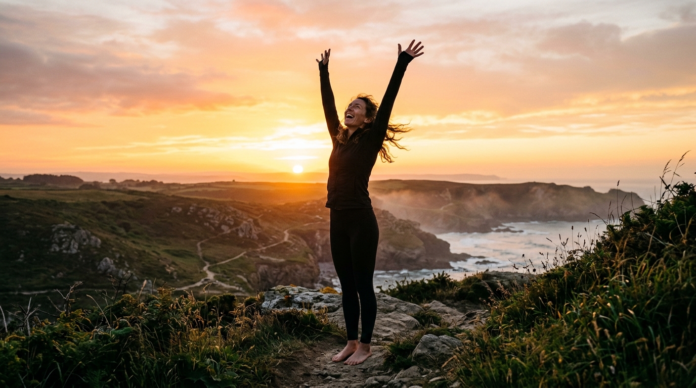 woman stretching at sunrise showing vitality and transformation
