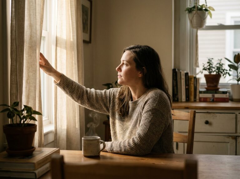 Woman in soft morning light beginning her day with a calmer expression