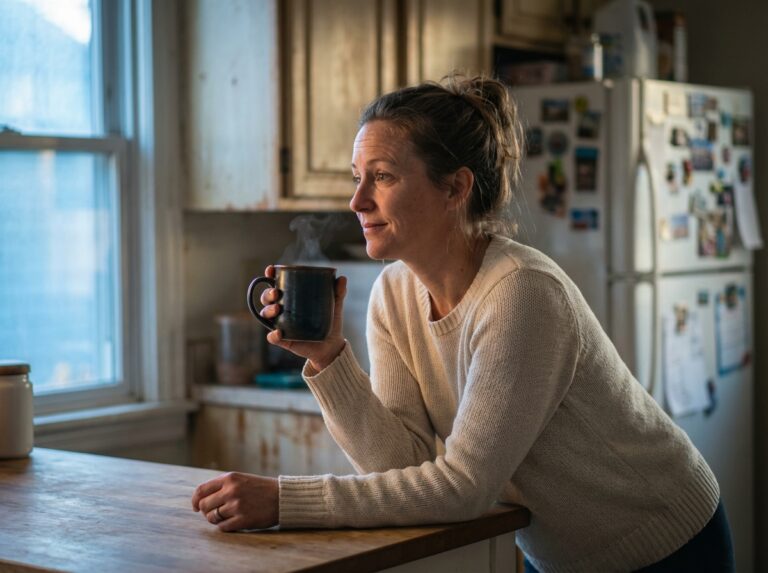 Woman in a softly lit kitchen at sunrise holding a warm mug and looking more grounded