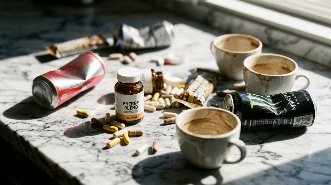 scattered energy supplements and empty stimulant containers