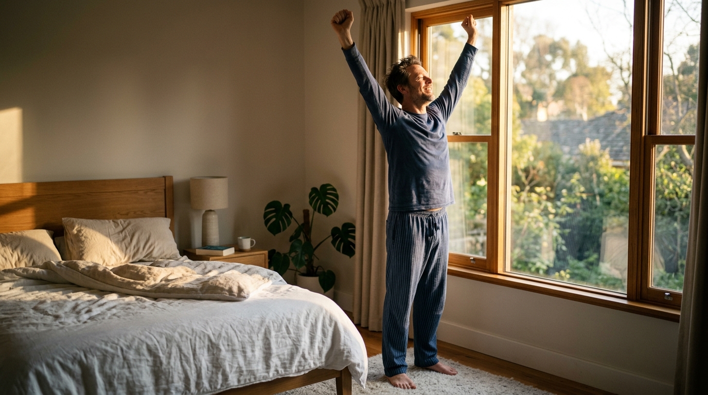 man waking up naturally refreshed and energized