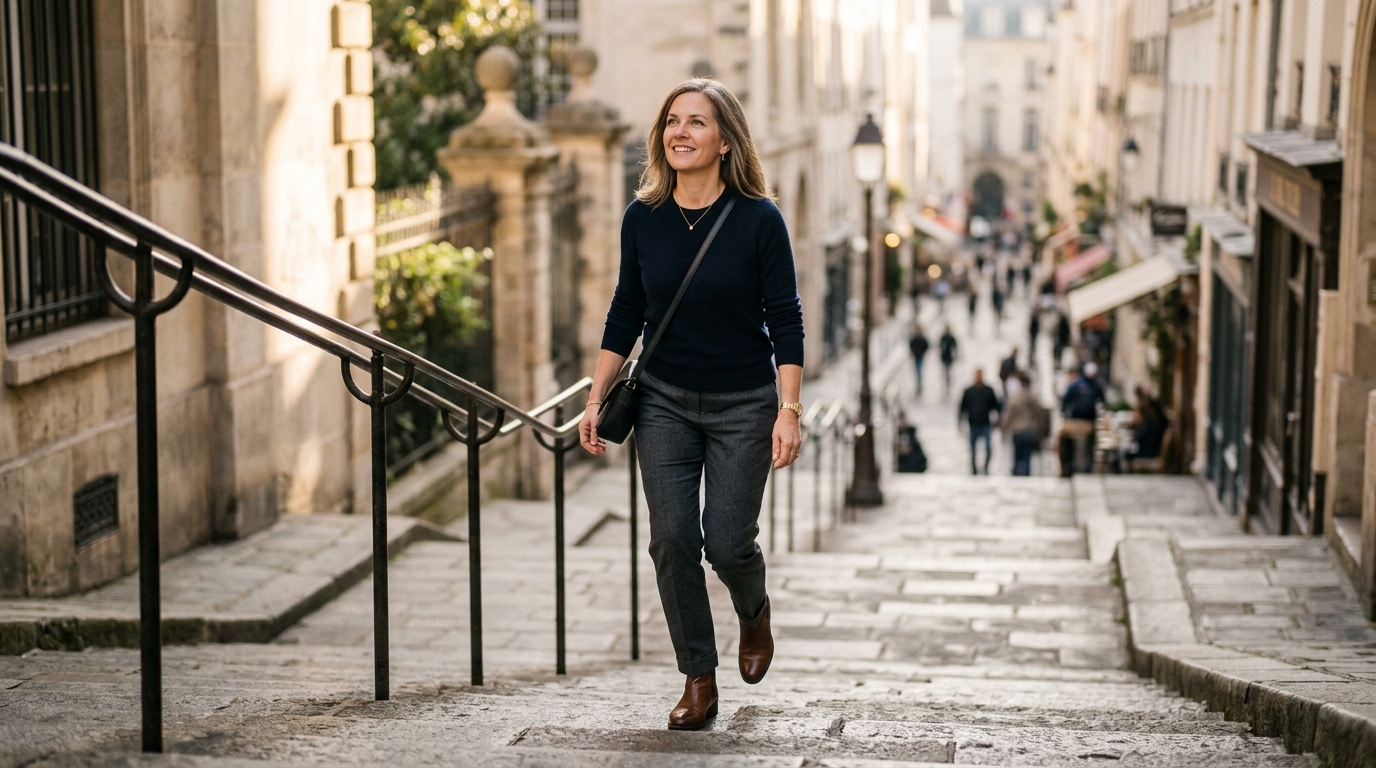 woman walking confidently up steps in morning light