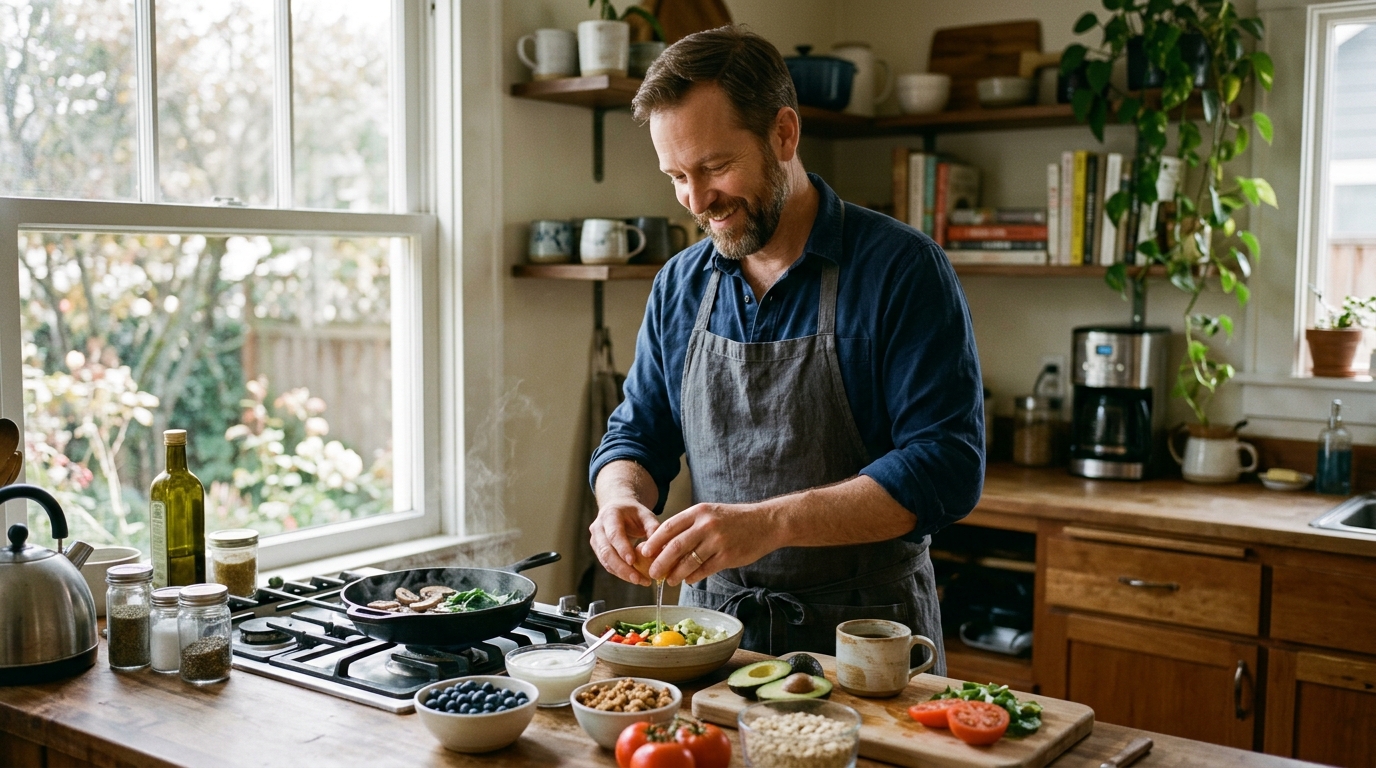 man preparing healthy breakfast morning routine confidence