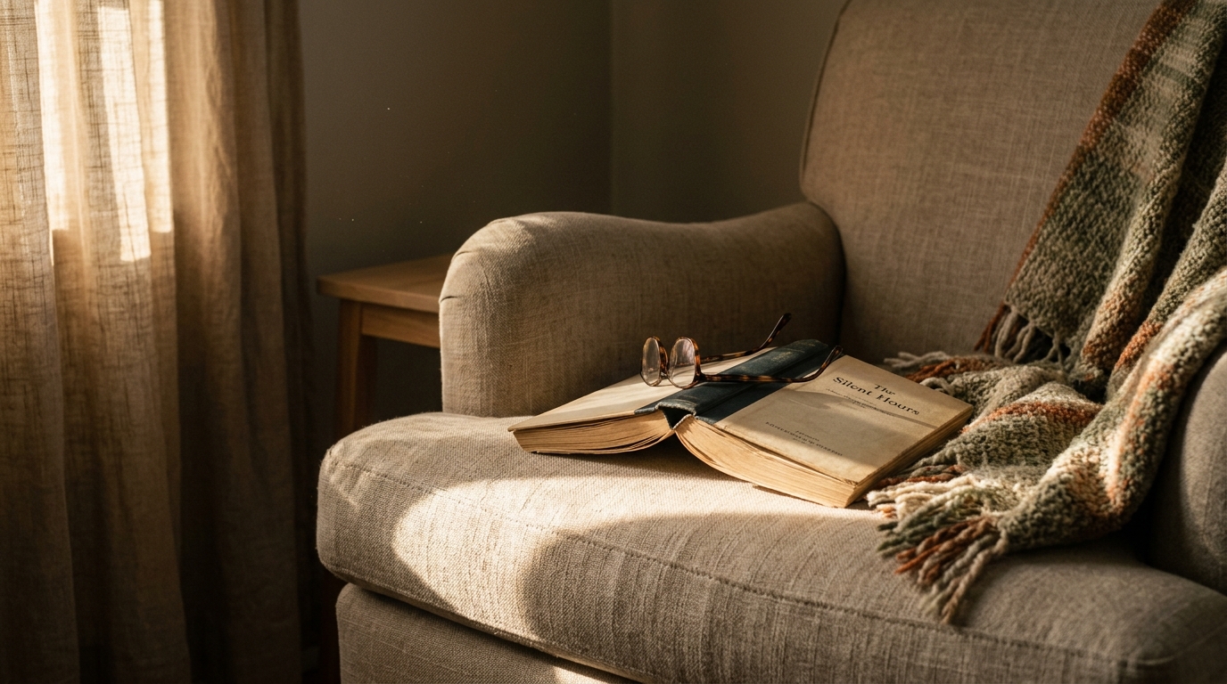 Open book face-down on linen armchair in afternoon light