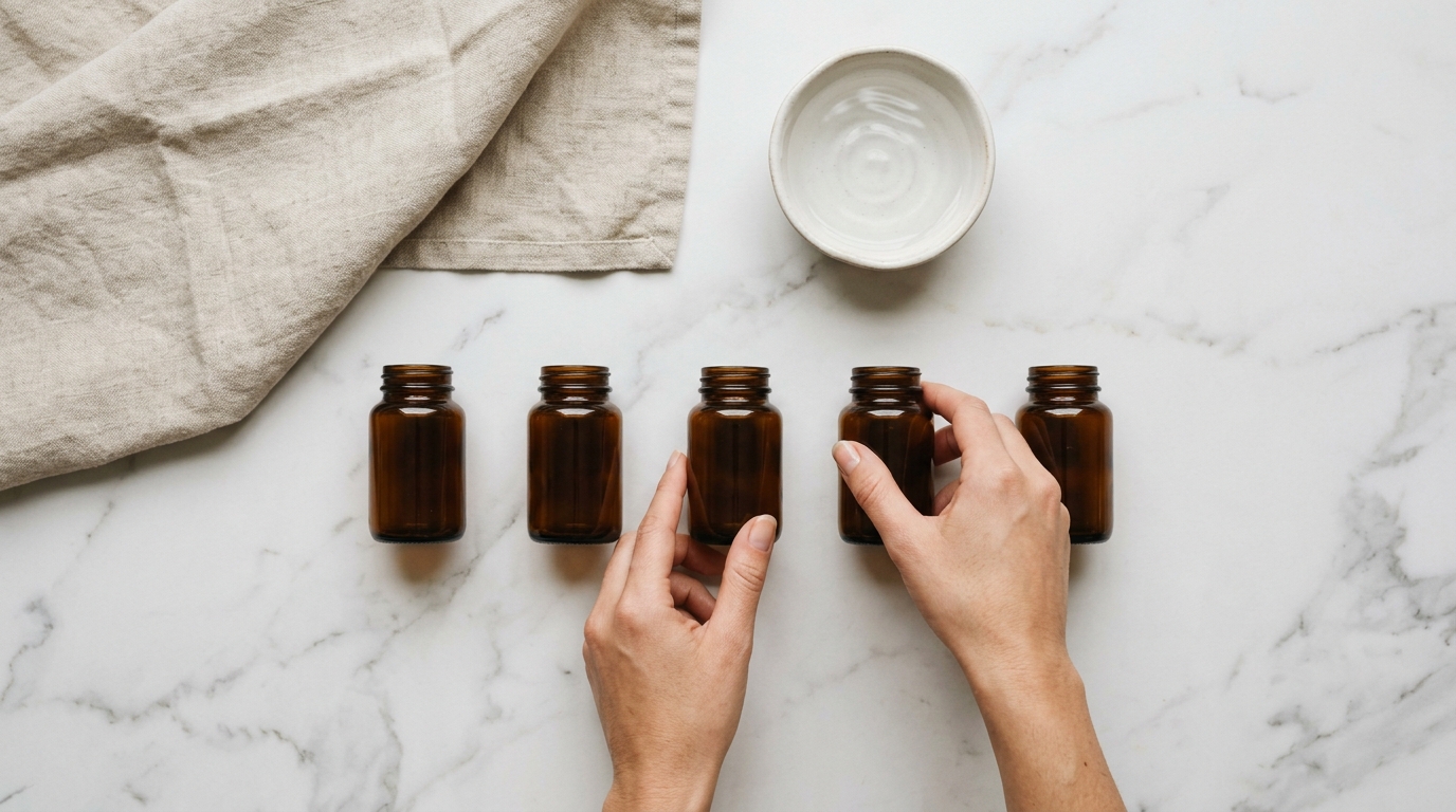 Hands arranging five amber supplement bottles in a row on marble counter