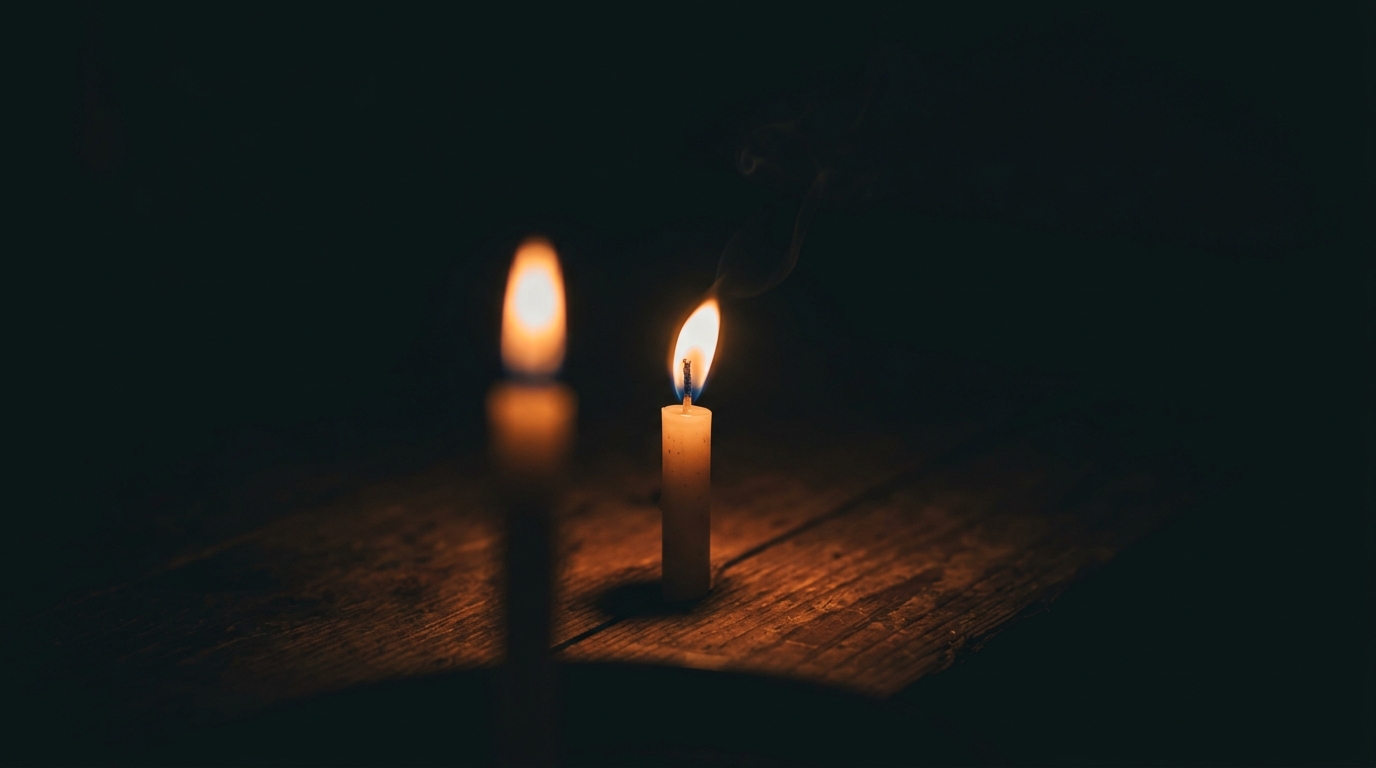 Close-up of a low candle flame on worn wood surface in darkness