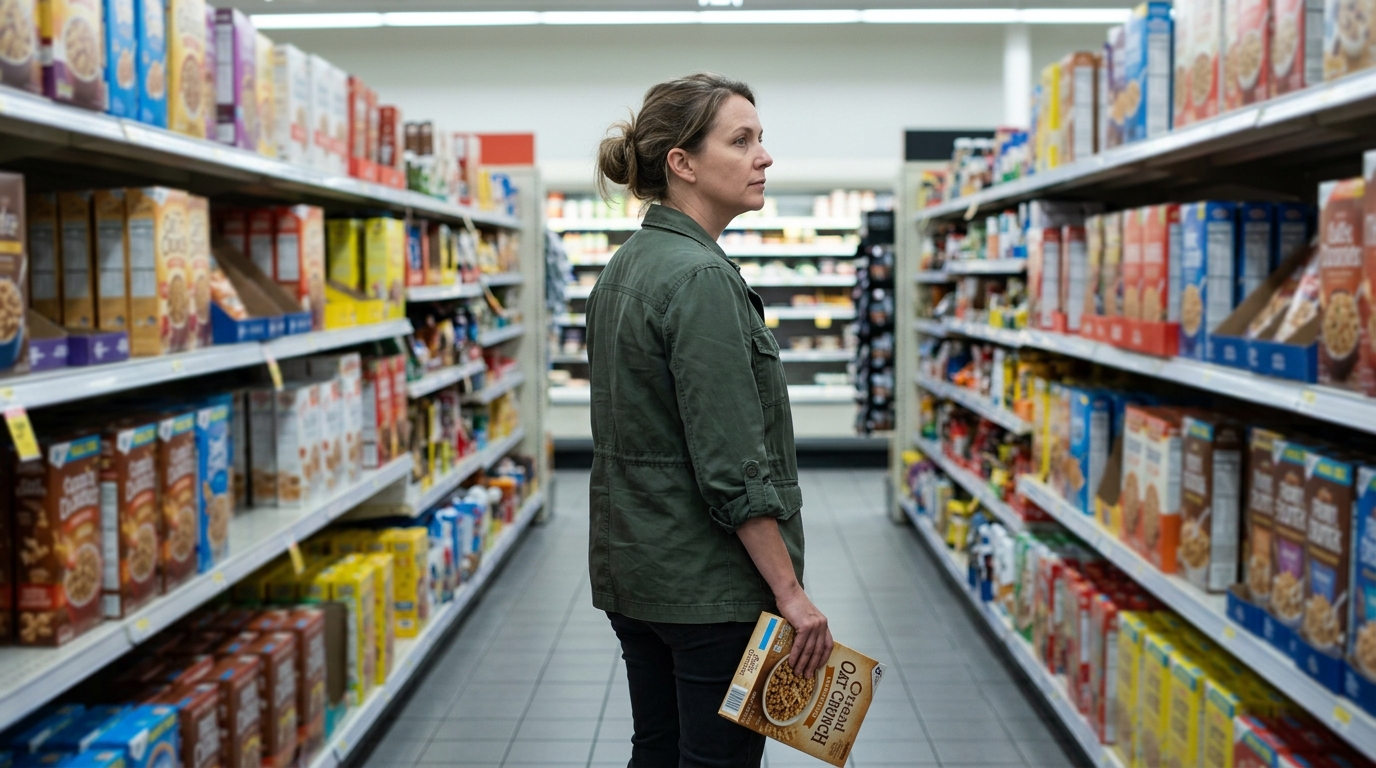 Woman paused in grocery aisle holding cereal box with unfocused gaze