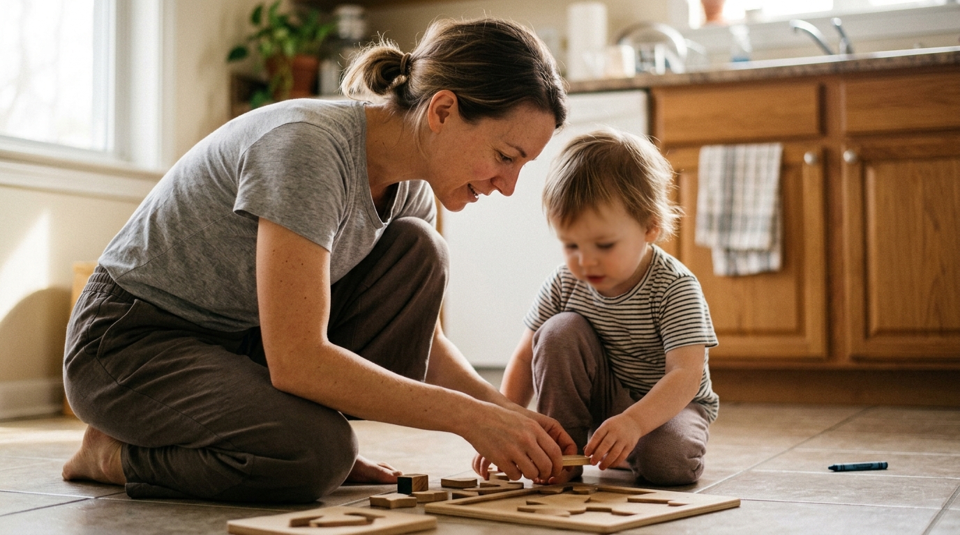 Woman kneeling on kitchen floor engaging with child in warm sunlight
