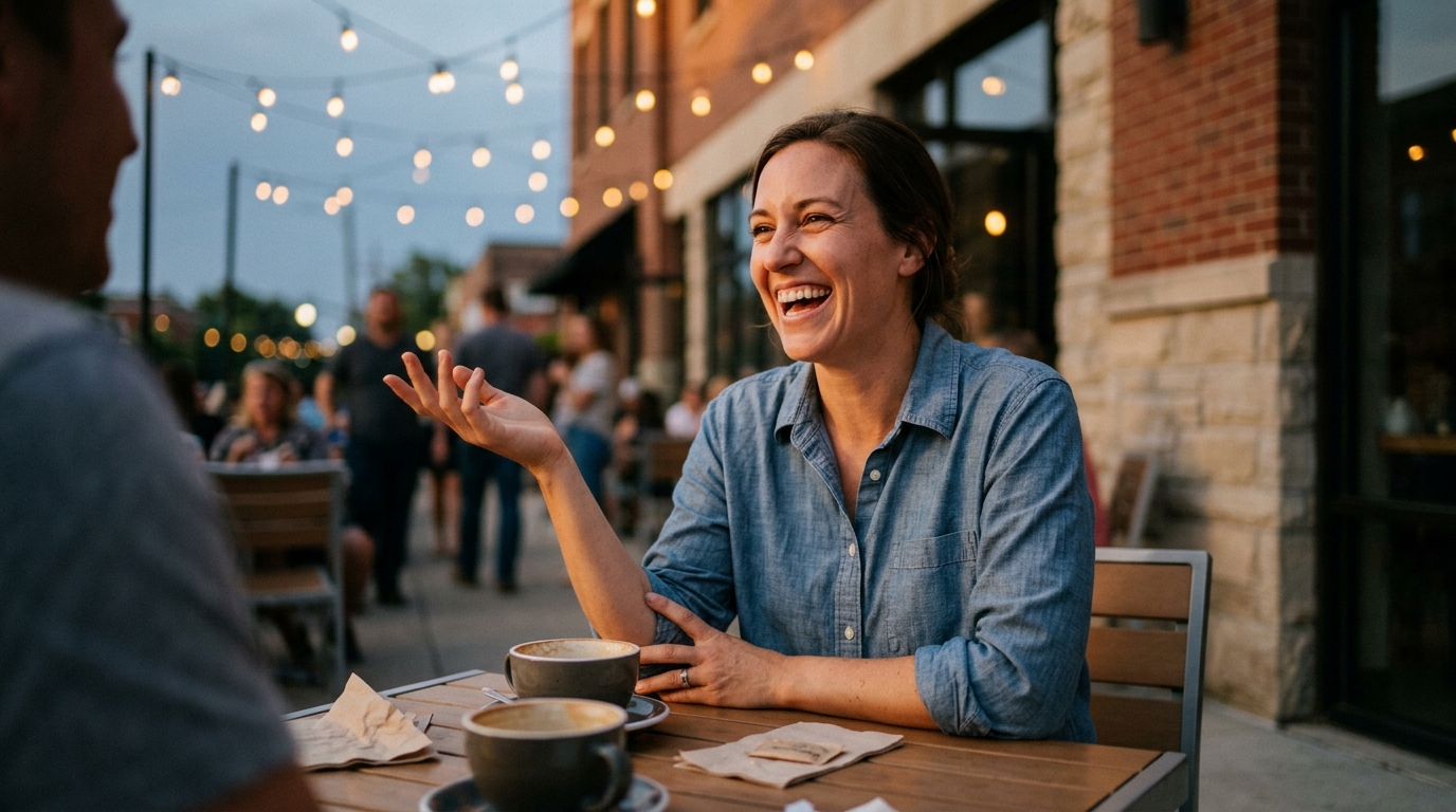 Woman laughing at outdoor café table in golden hour light