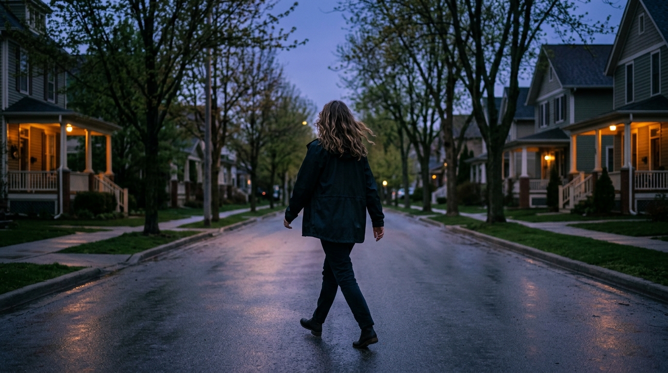 Woman walking alone on a tree-lined street at dusk