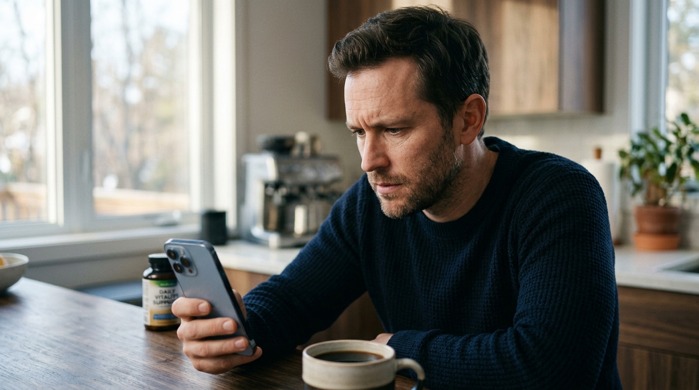 man researching supplement side effects on phone