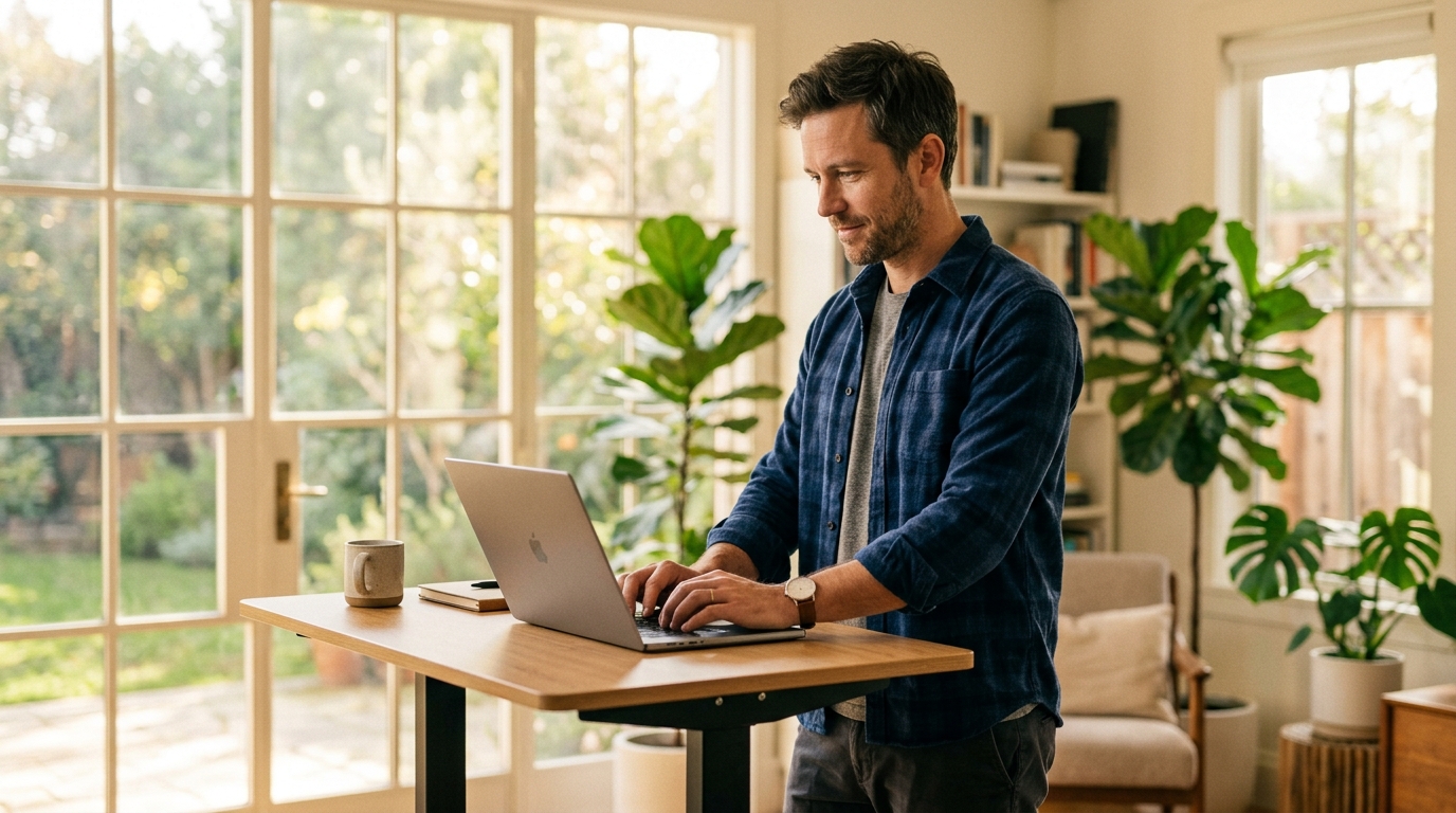 man working productively at standing desk