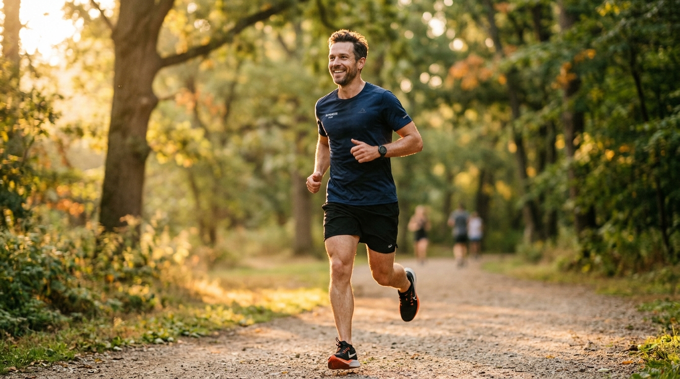 man jogging easily in morning sunlight
