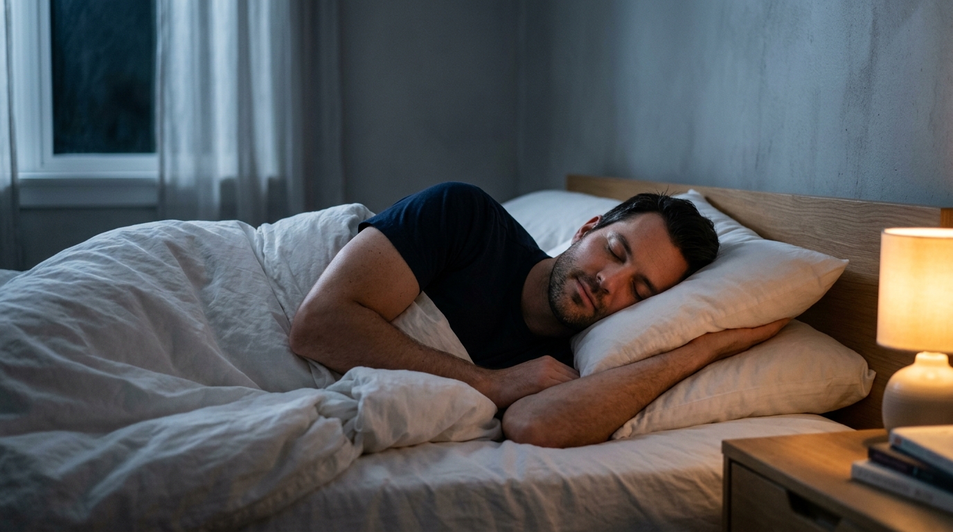 man sleeping peacefully in moonlit bedroom