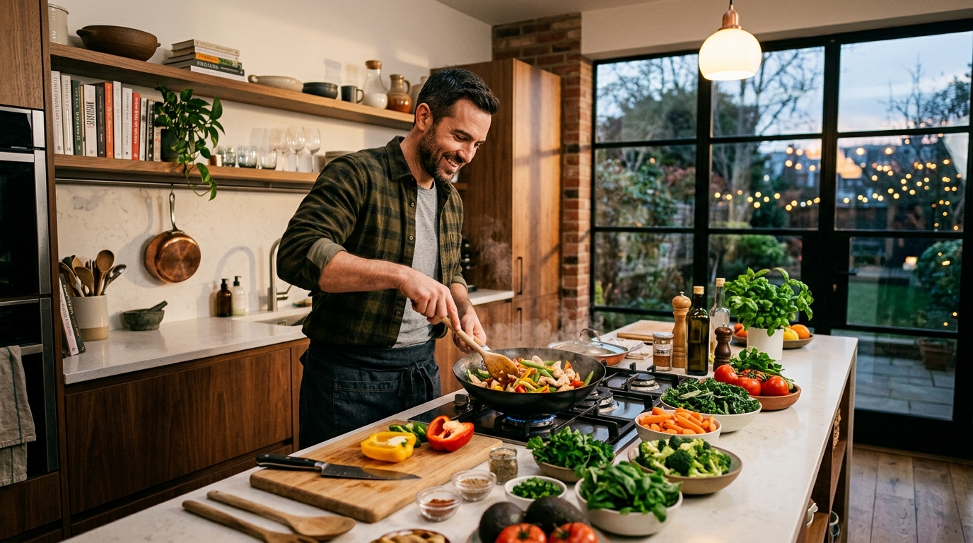 man cooking energetically in evening kitchen