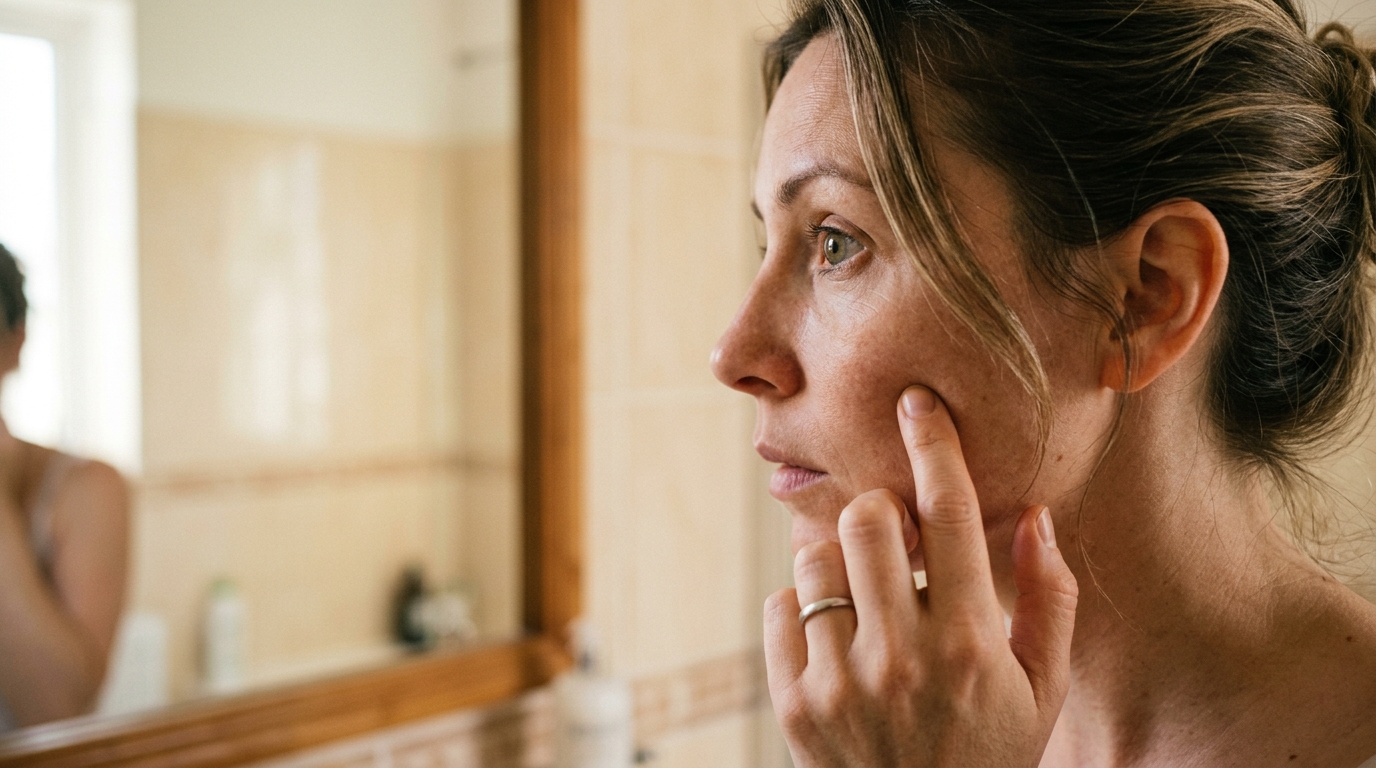 woman testing skin elasticity in morning routine