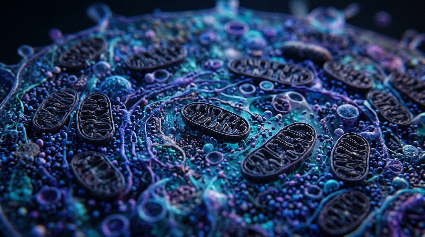 microscopic view cellular mitochondria structures dark lighting