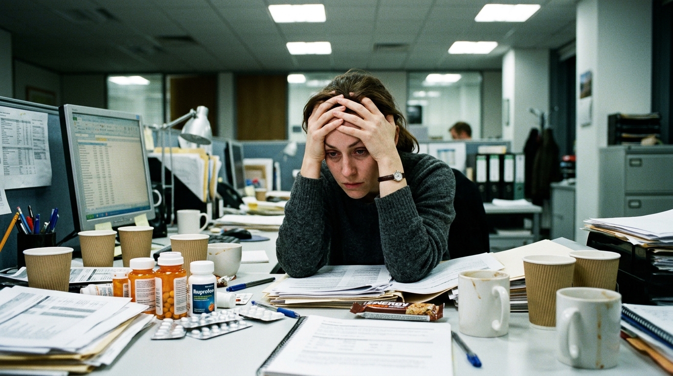 exhausted woman desk coffee cups vitamin bottles office