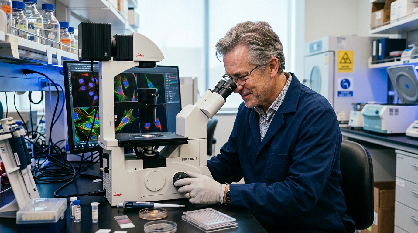 scientist researcher microscope laboratory cellular samples discovery