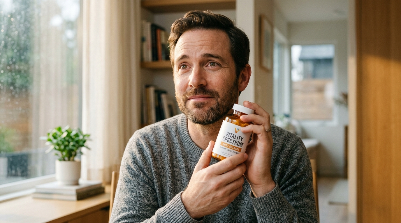 man holding supplement bottle realization natural lighting home