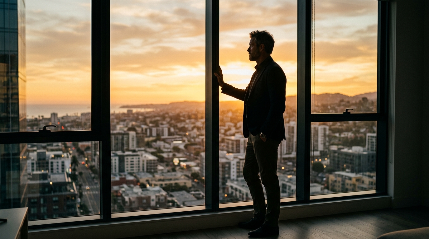 man standing window horizon golden light confident silhouette