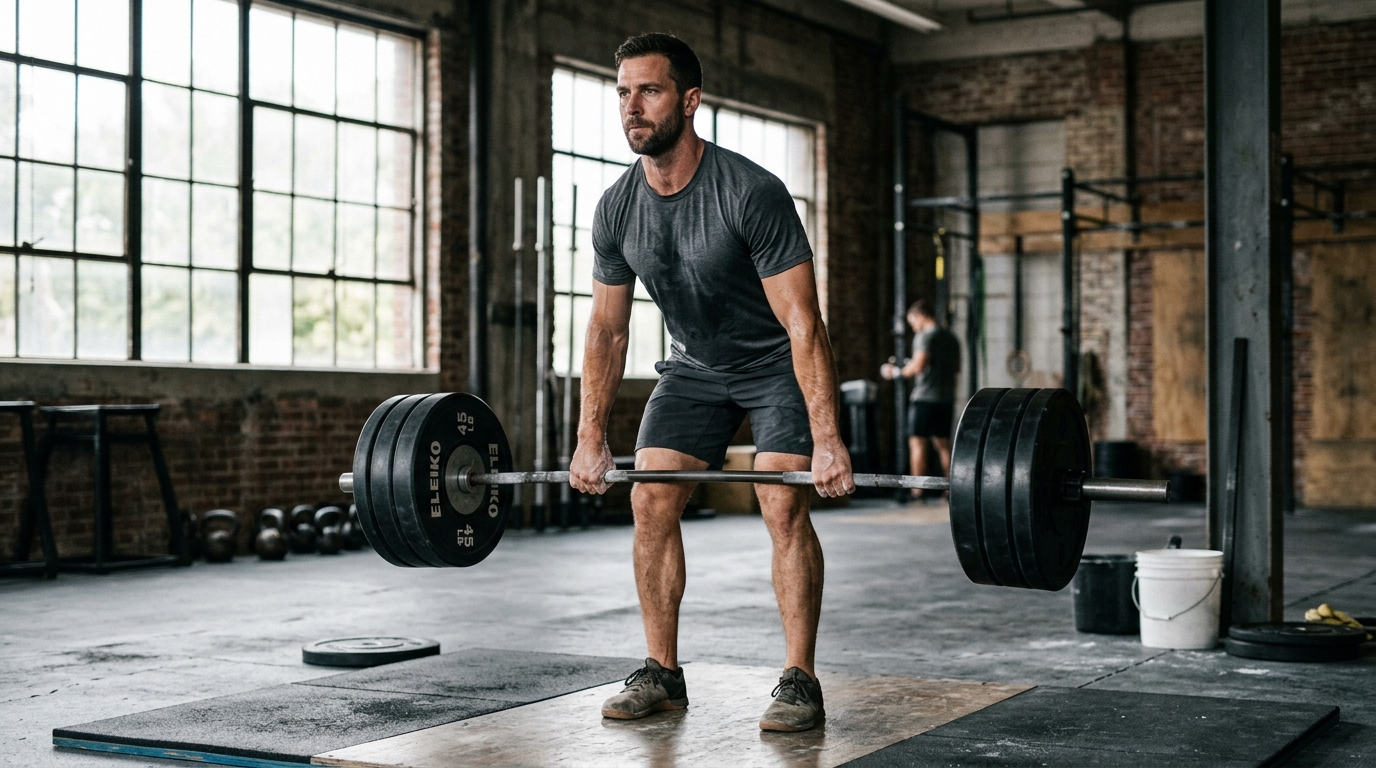 man lifting weights with natural strength and focus
