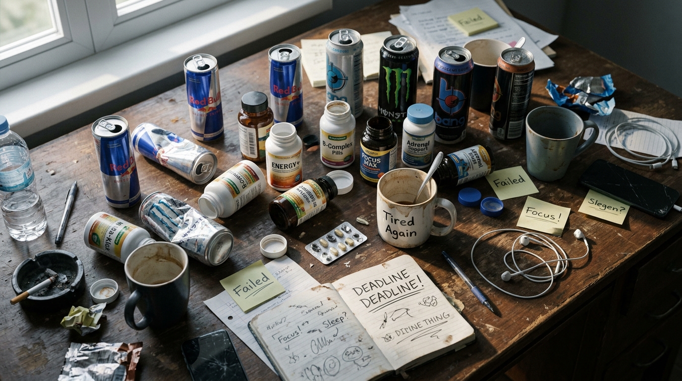 scattered empty energy supplements and coffee cups