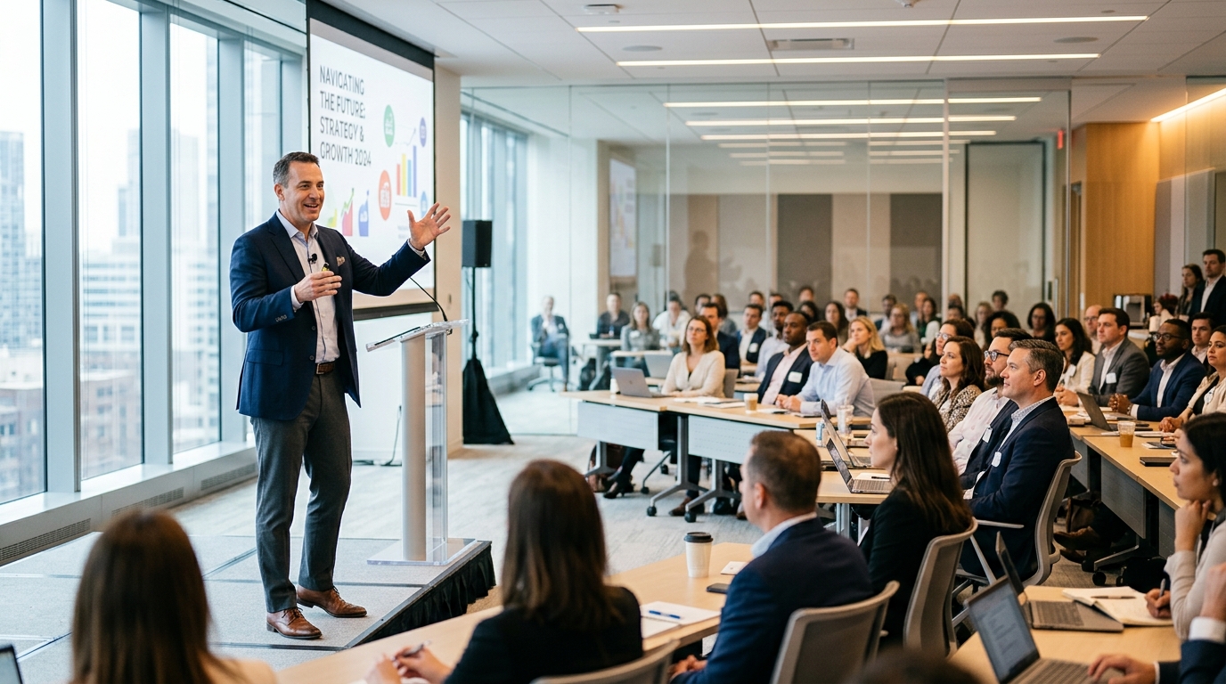 confident man presenting energetically to colleagues