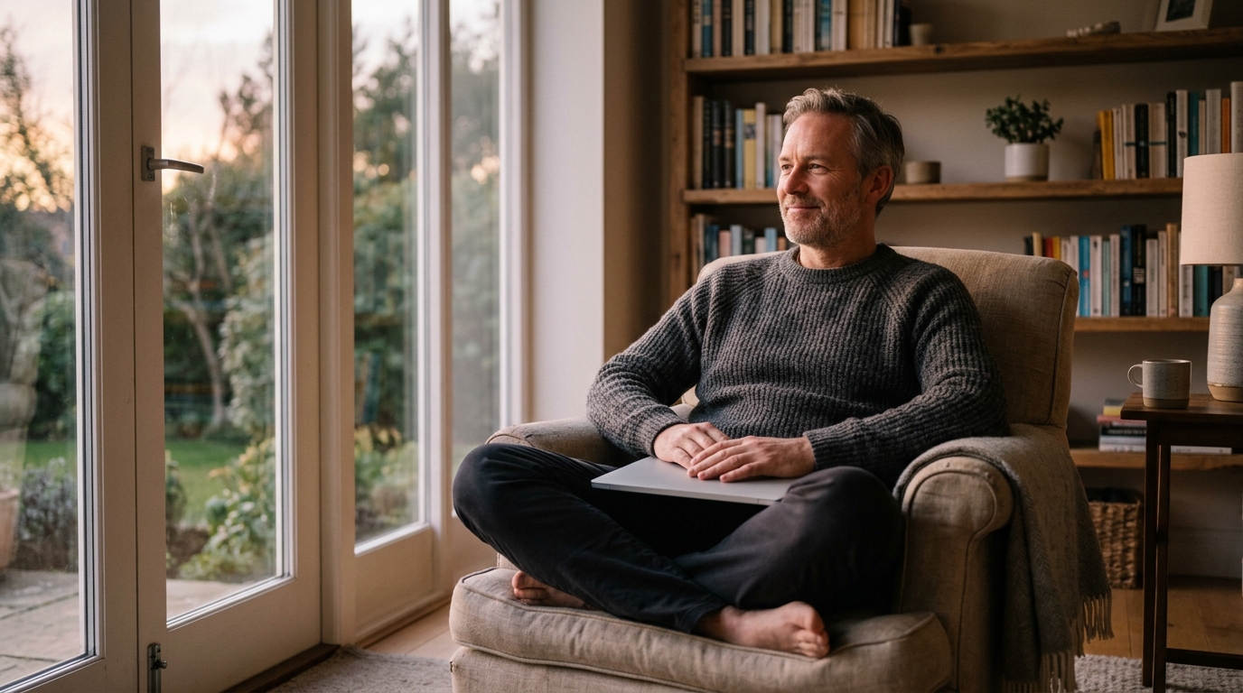 relaxed man sitting contentedly with closed laptop