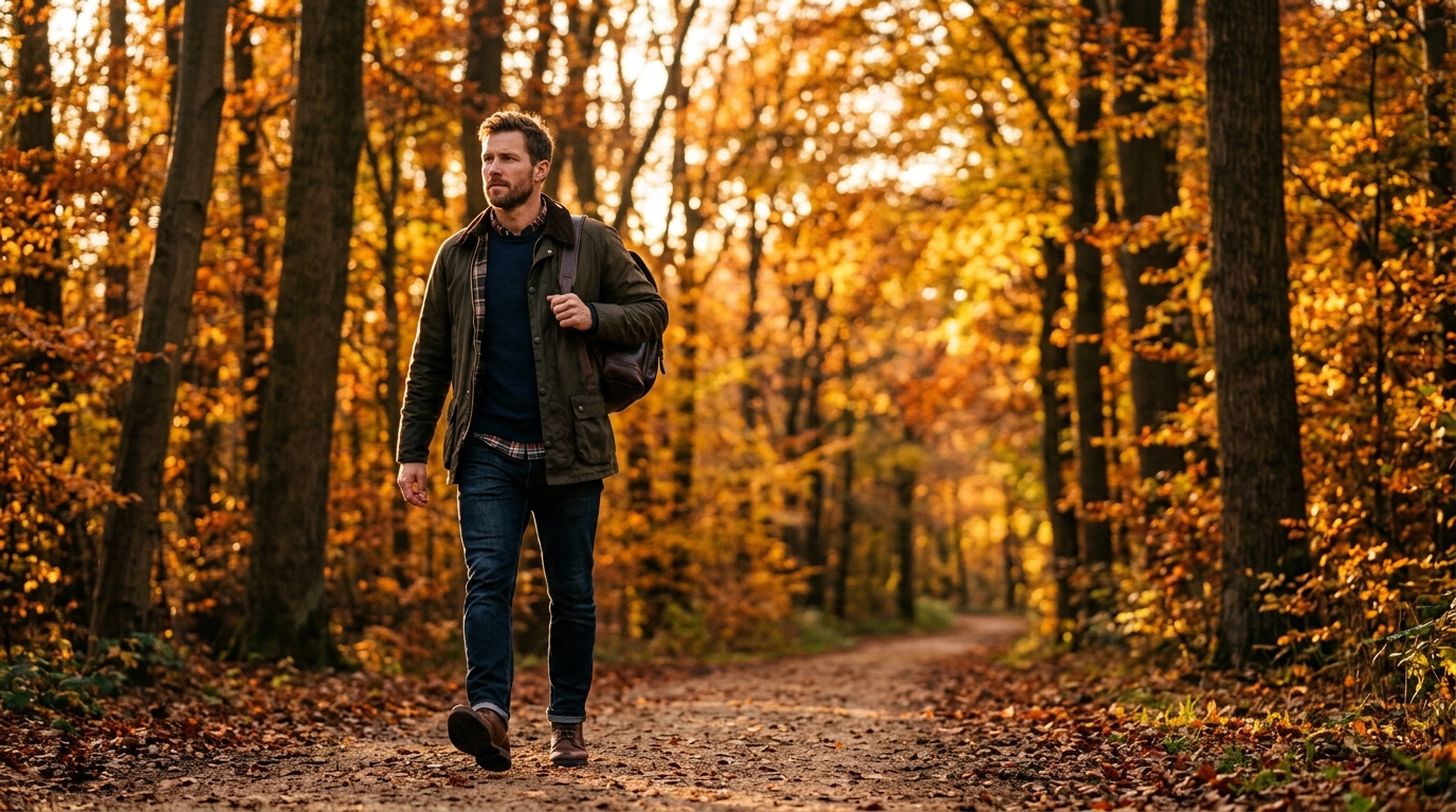 man walking confidently on tree-lined path