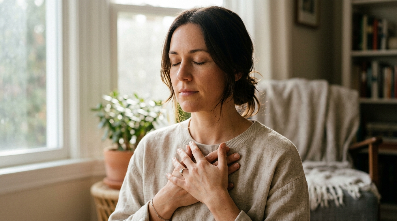 woman hands on torso contemplative expression