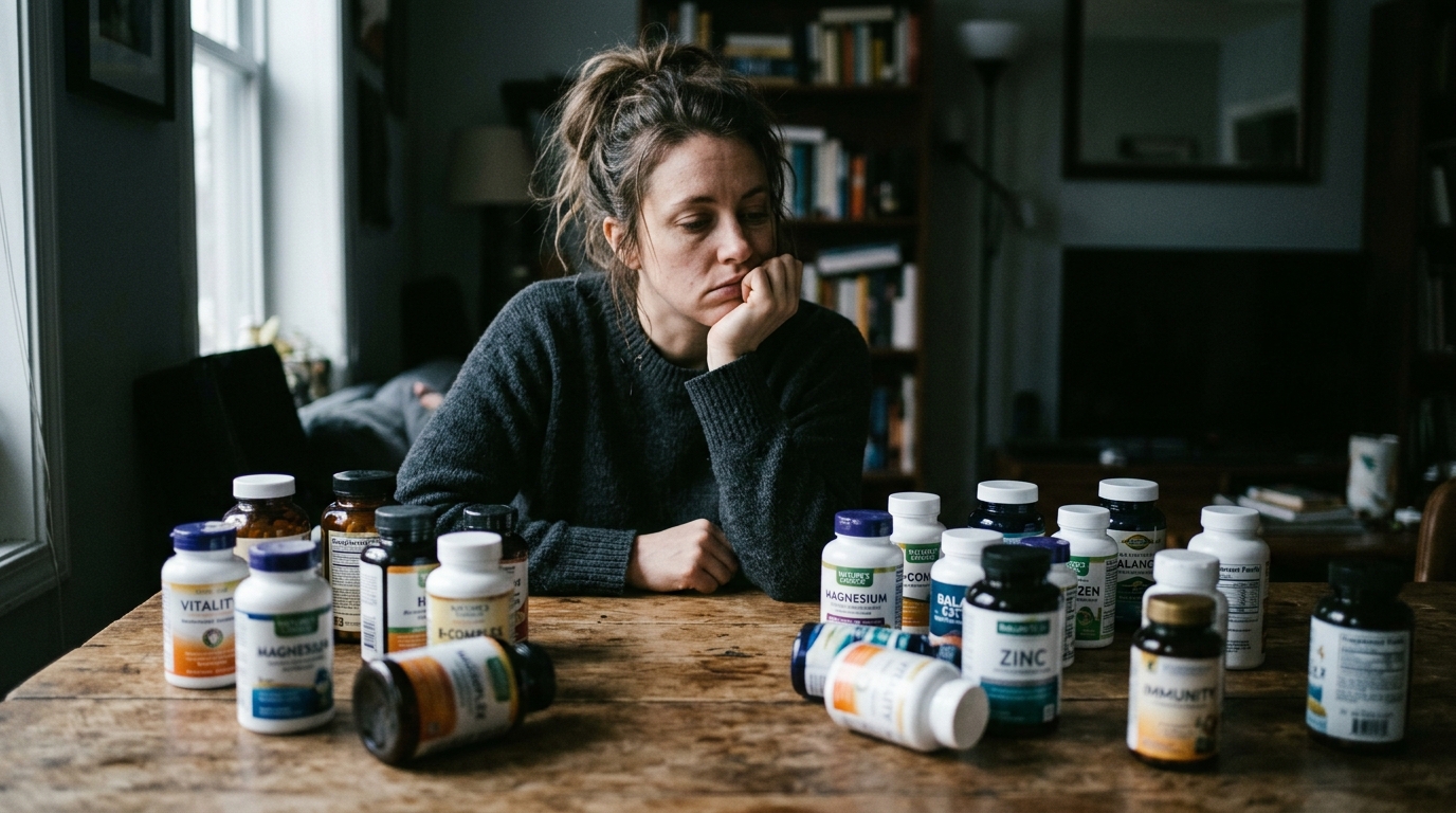 woman contemplating supplement bottles table