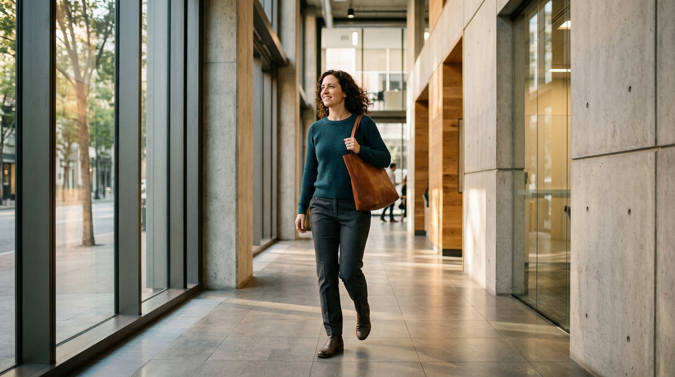 confident woman walking hallway natural lighting