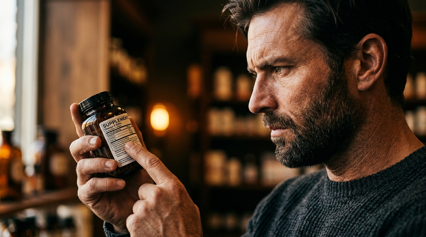 man profile examining supplement label focused