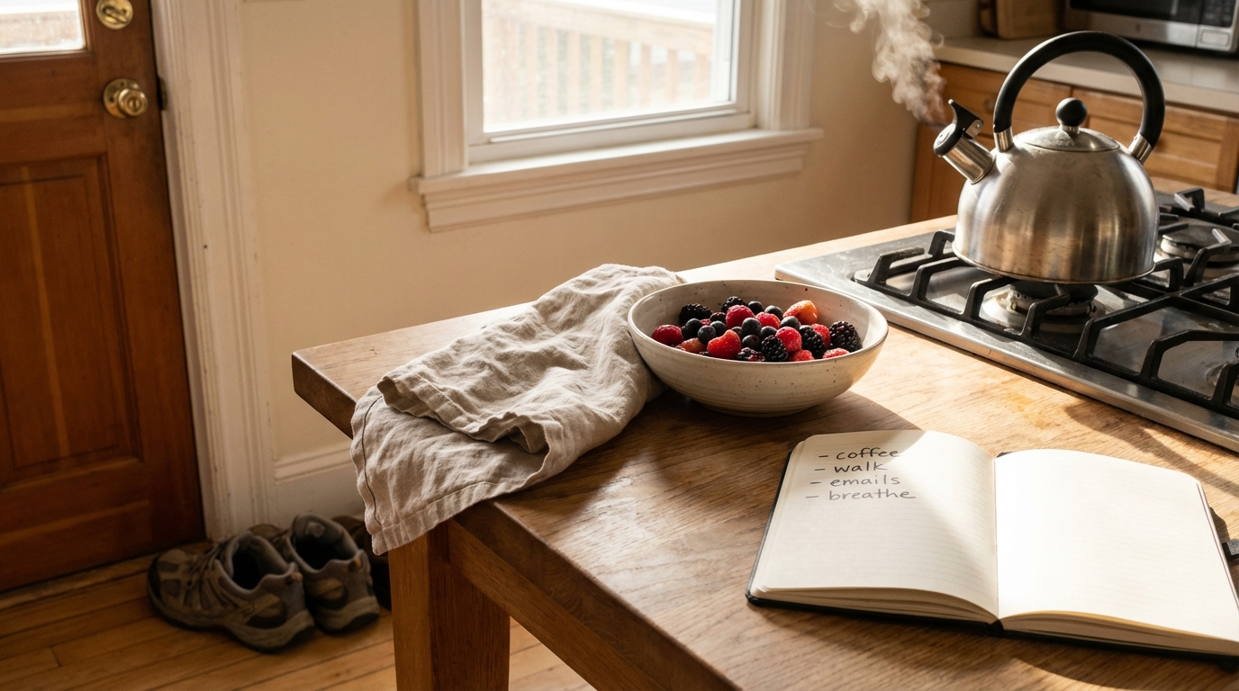 Morning table with simple daily ritual objects in warm natural light
