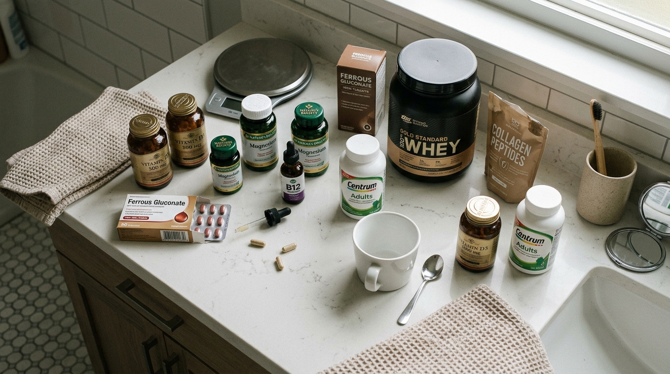 various supplement bottles scattered on bathroom counter