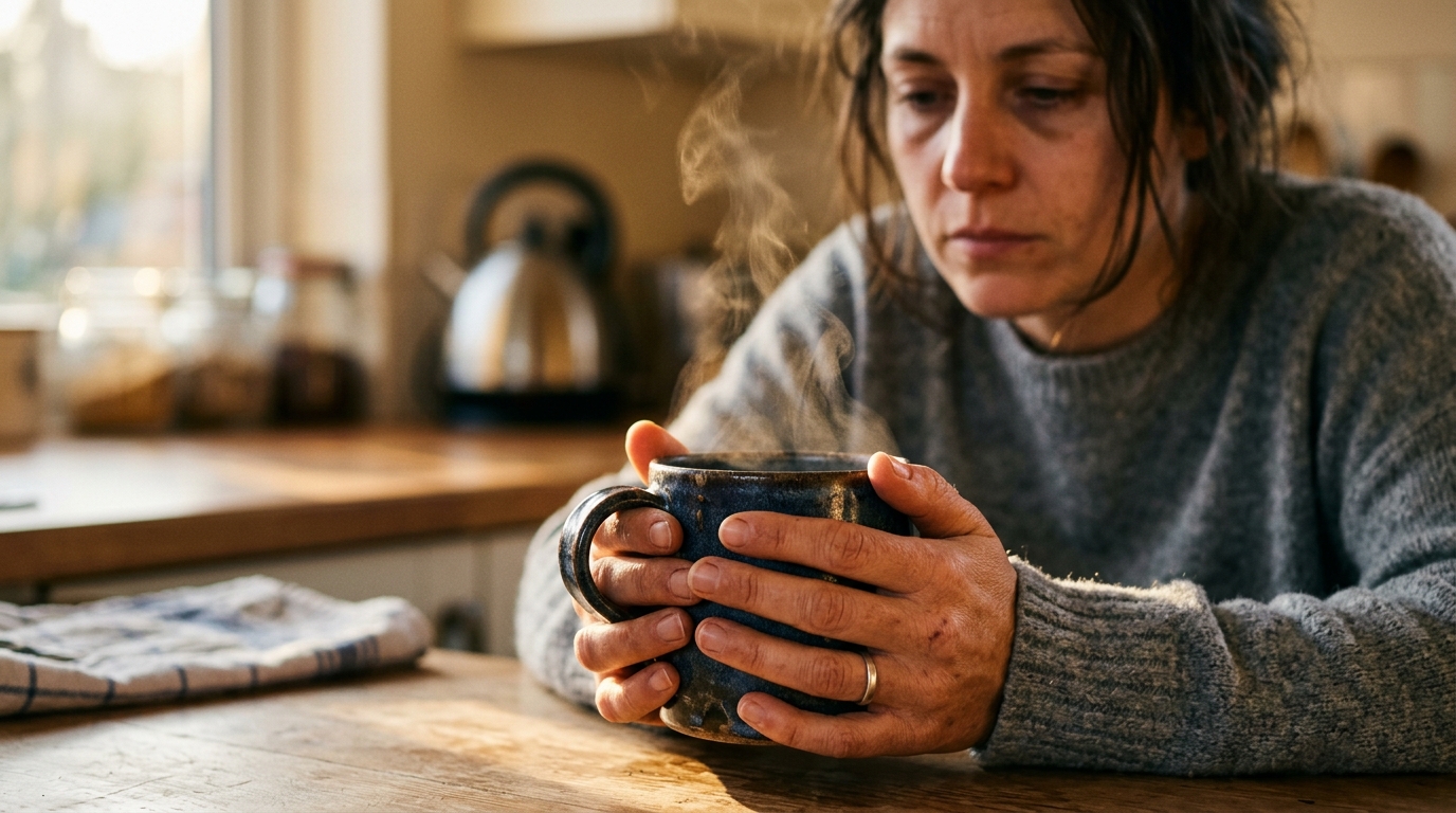 woman holding warm mug seeking energy and comfort