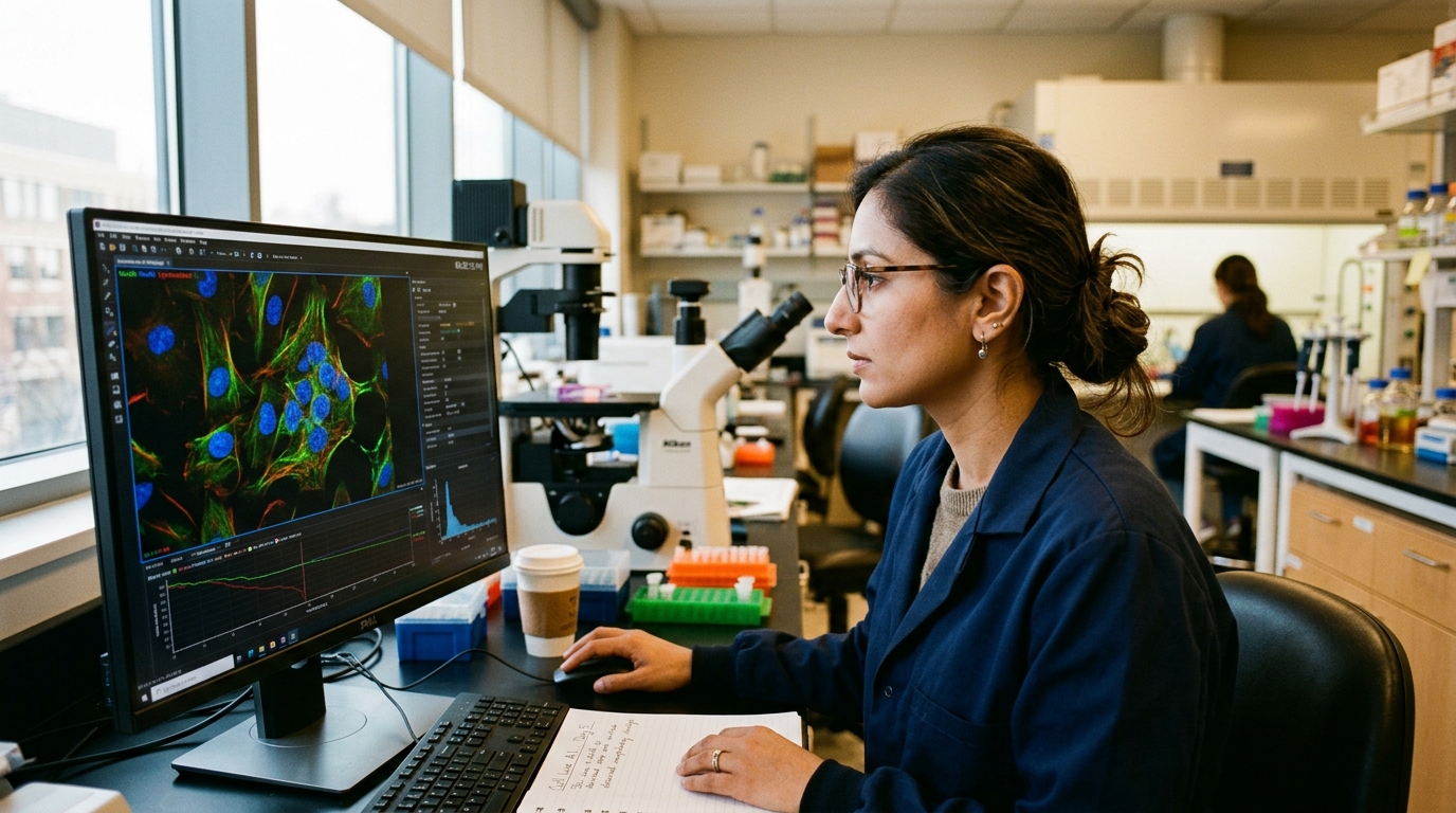researcher examining cellular data in modern laboratory