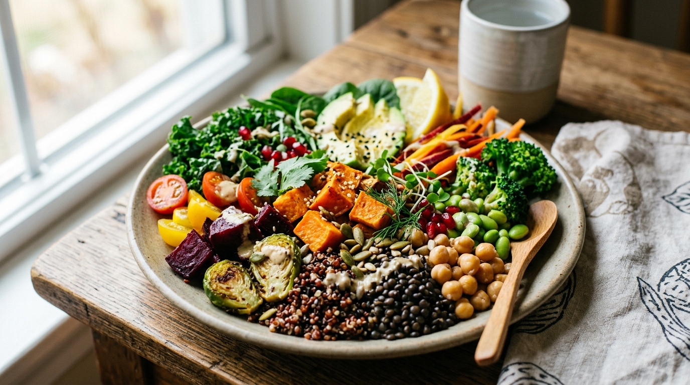 colorful plant-based meal with vibrant vegetables and grains