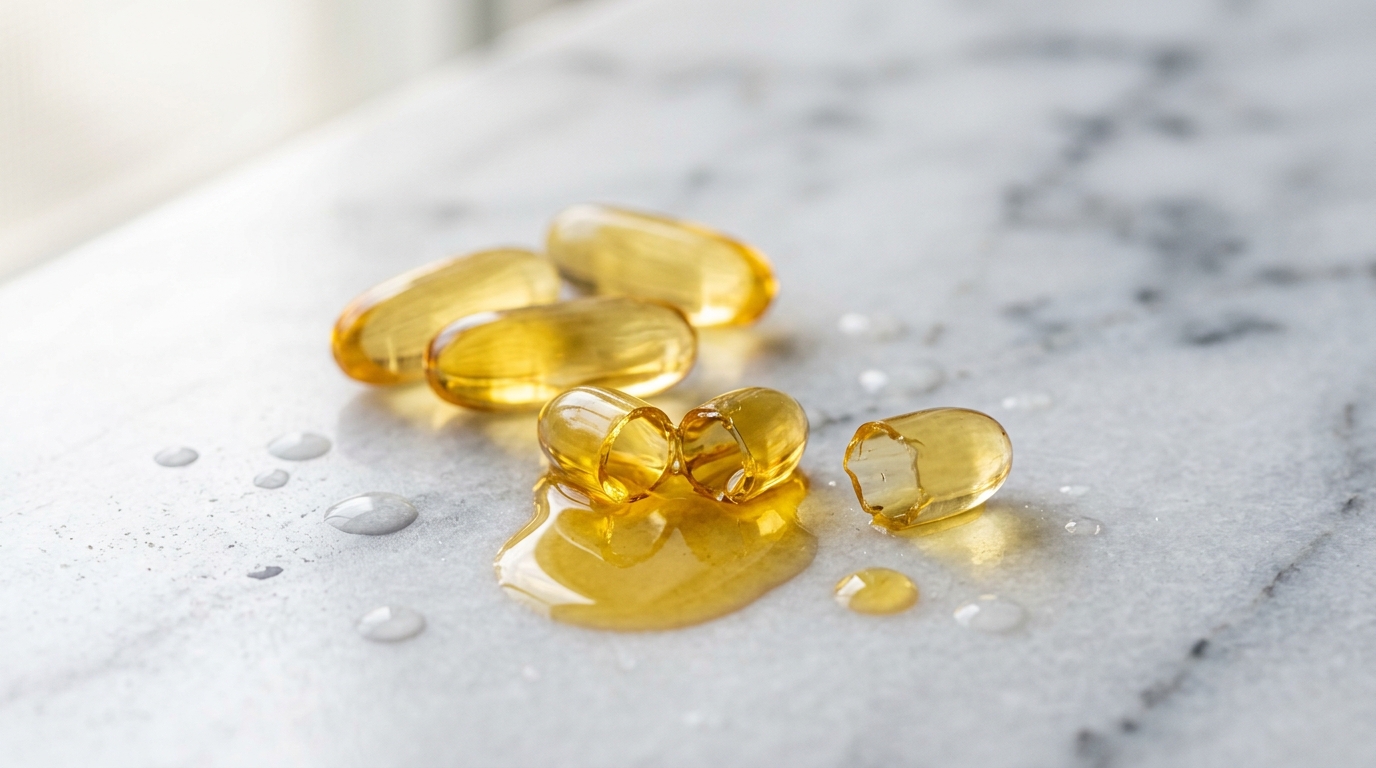 fish oil capsules on marble surface morning light