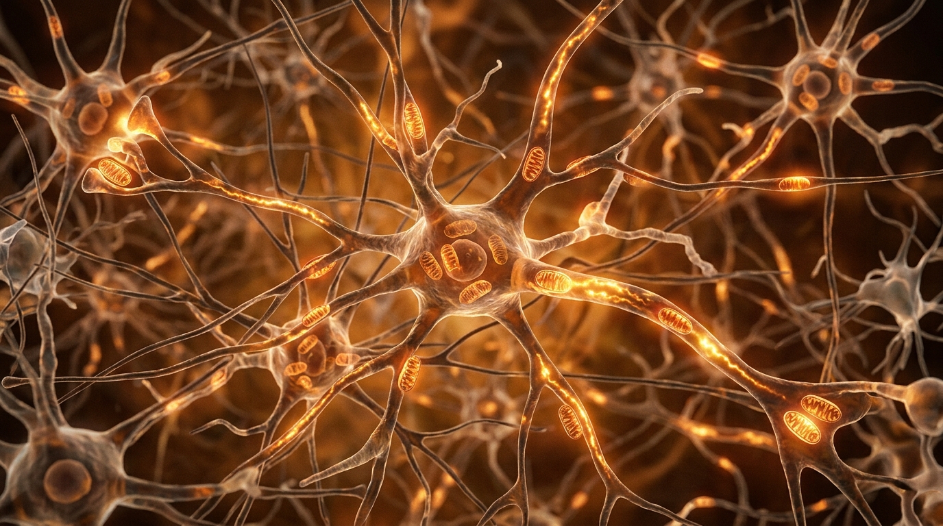 brain cells and mitochondria cellular energy visualization