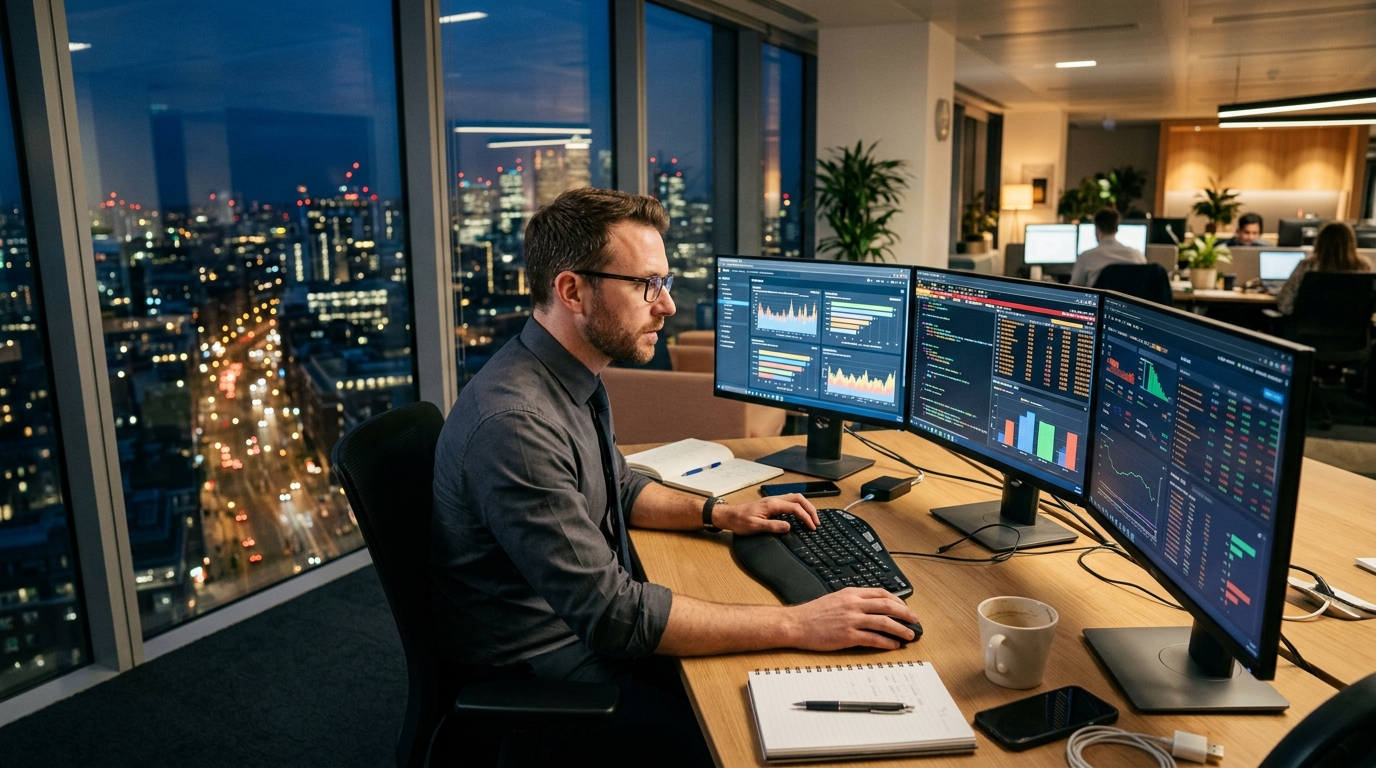 focused professional working late with sustained energy